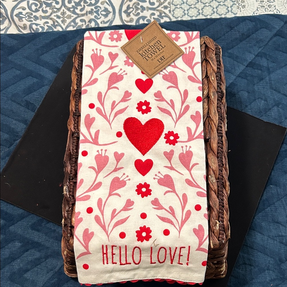 Heart Patterned Kitchen Towel - Red and White